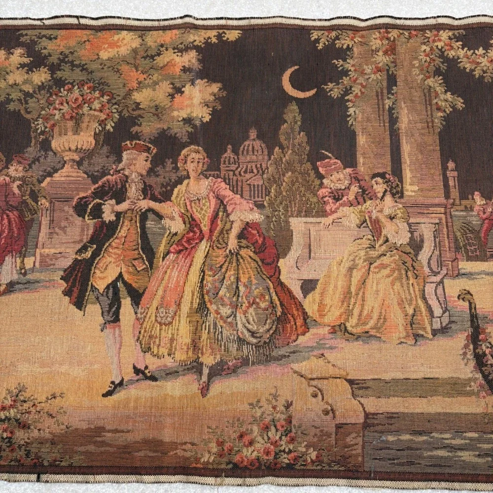 Vintage Belgium Woven‎ Tapestry Runner Courting Venetian Party Scene 57x19.75